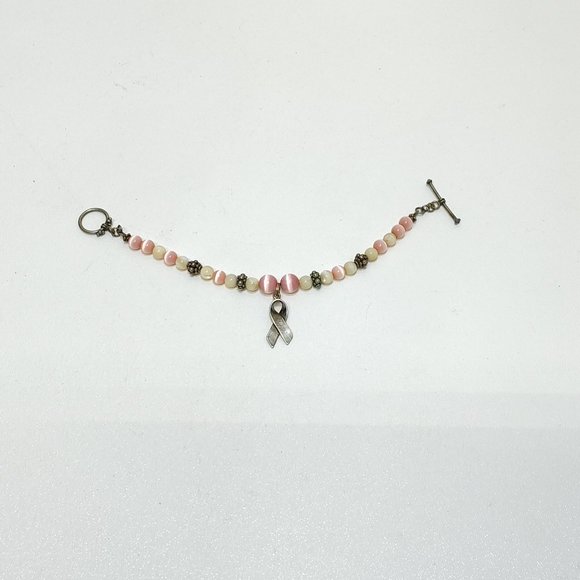 Cancer Awareness Beaded Bracelet Sterling Silver Ribbon Charm Toggle Clasp VTG - Picture 1 of 5